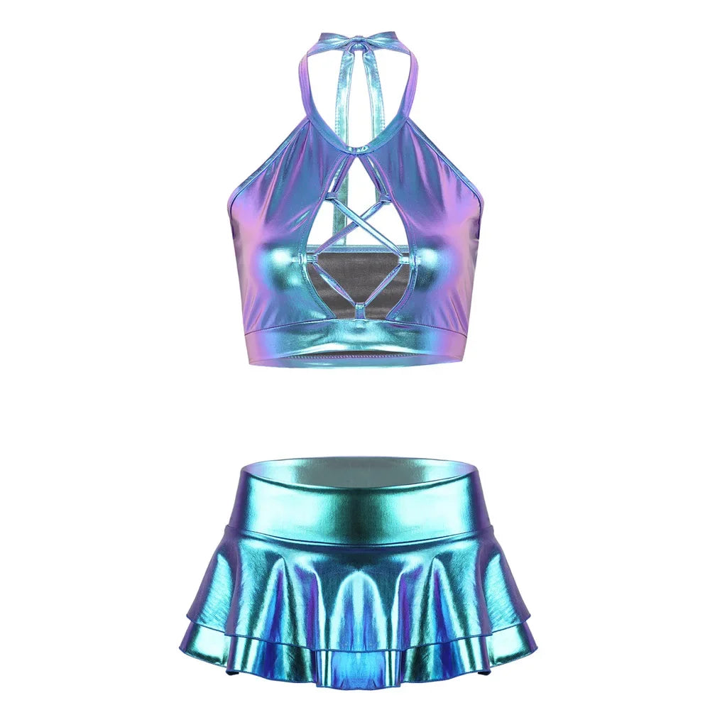 Shiny Faux Leather Mini Skirt Set