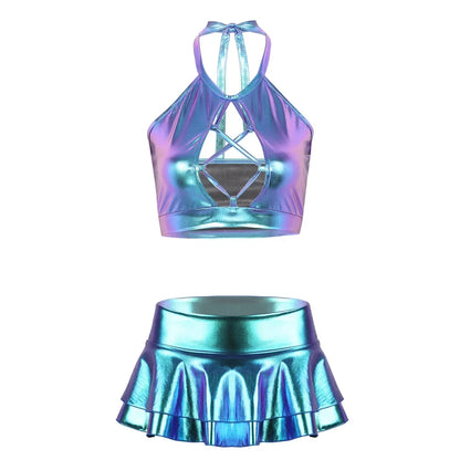 Shiny Faux Leather Mini Skirt Set
