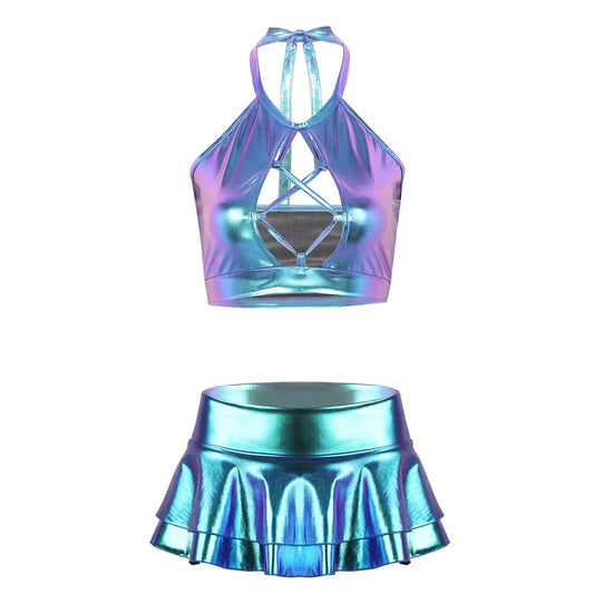 Shiny Faux Leather Mini Skirt Set