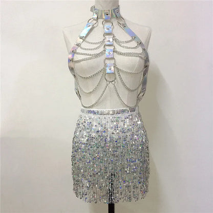 Leather Harness Sequin Skirt Set