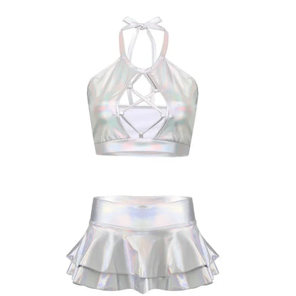 Shiny Faux Leather Mini Skirt Set