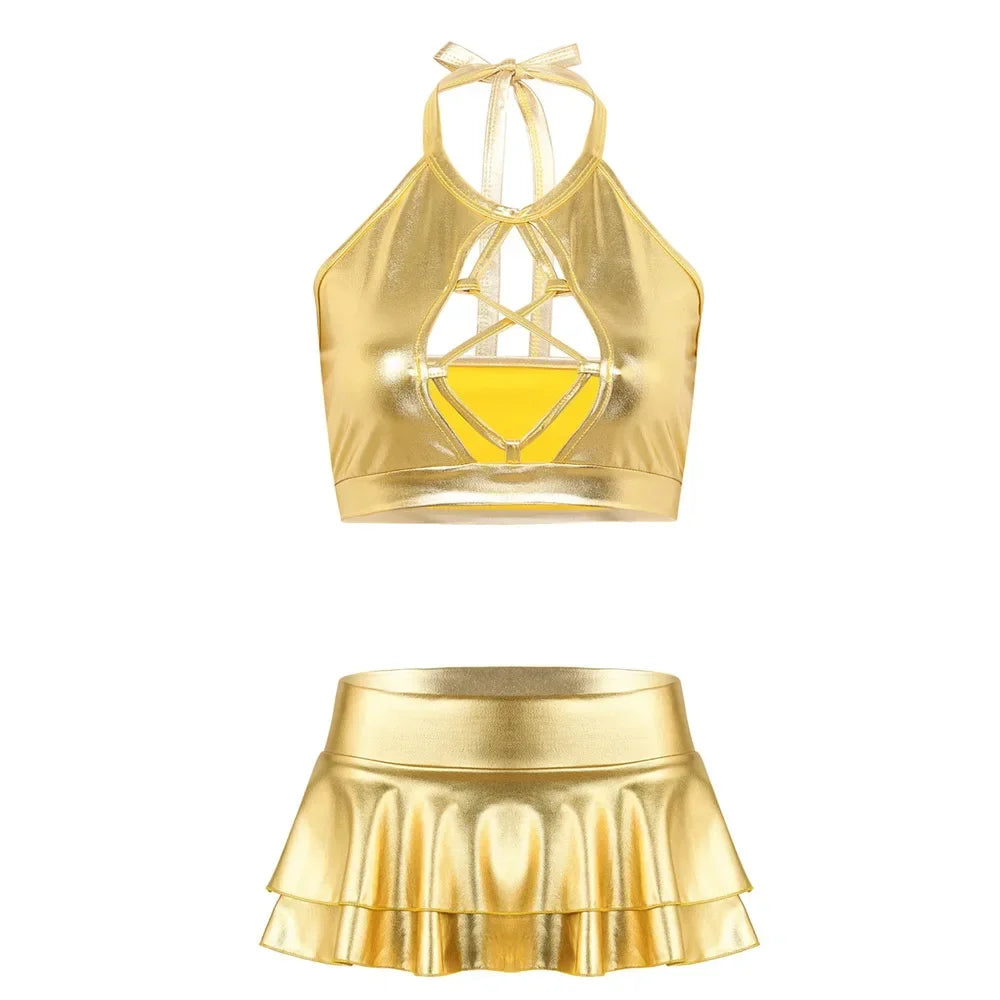 Shiny Faux Leather Mini Skirt Set