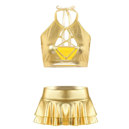 Shiny Faux Leather Mini Skirt Set